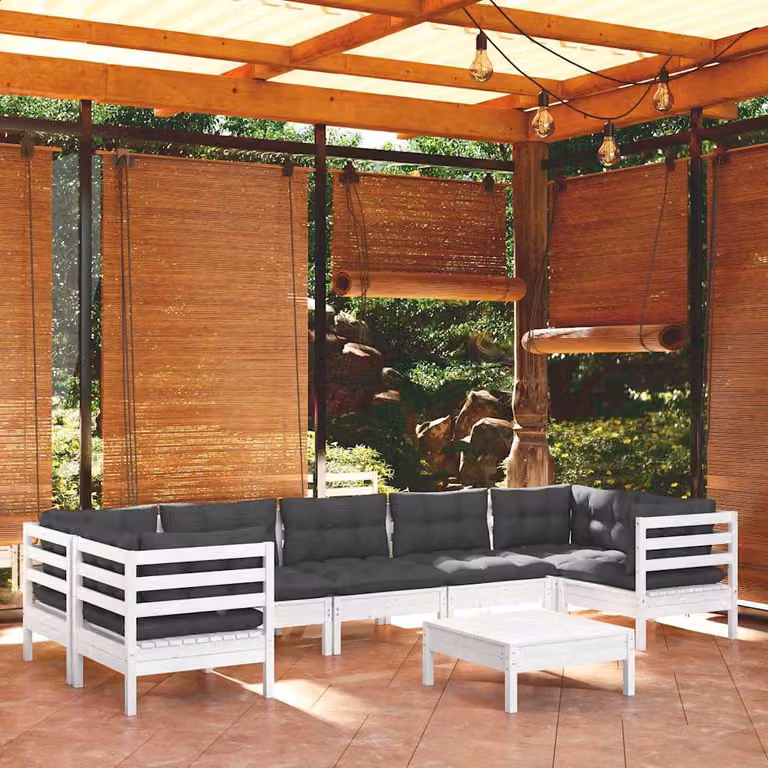 Set di divani da giardino vidaXL a forma di L composto da 8 pezzi in legno di pino con cuscini bianchi e antracite