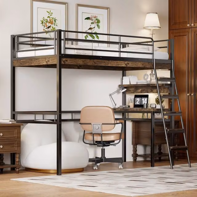 Letto a soppalco 90x200 cm con scrivania e ripiani; struttura in metallo nero (Senza materasso)