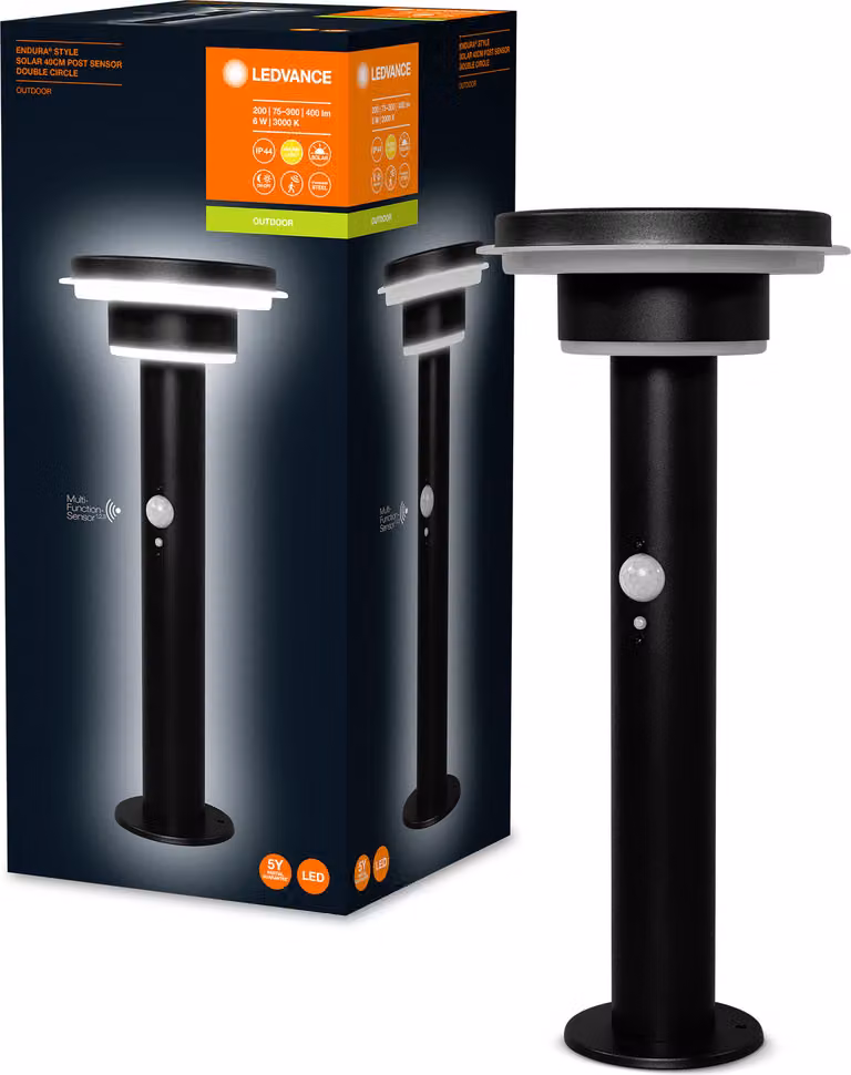 LEDVANCE lampada da terra per esterni | ENDURA STYLE | Solar Sensor POST Doppio cerchio 40cm | bianco caldo | 6W | nero | con sensore di movimento e luce diurna