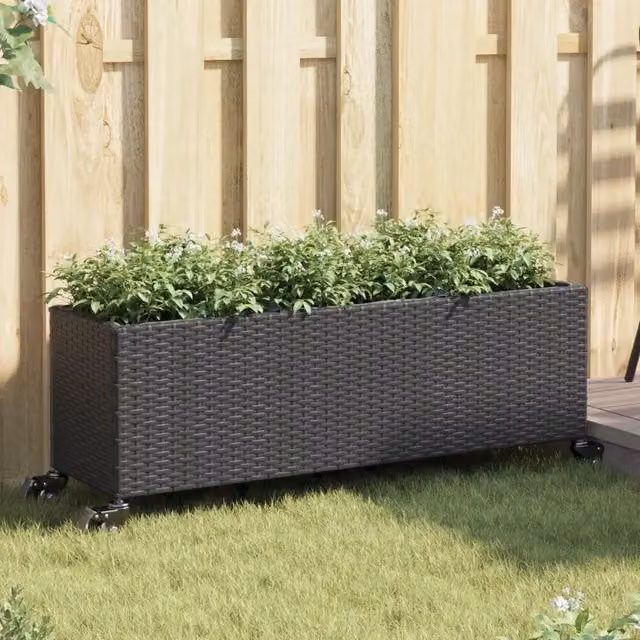Set di 2 fioriere da giardino con ruote vidaXL in polyrattan colore nero L: 107 cm, P: 32 cm, H: 38 cm