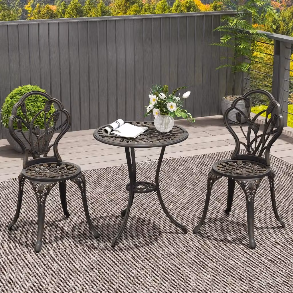 Set da giardino Giordanoshop composto da 2 sedie e 1 tavolo rotondo con foro per ombrellone in alluminio color bronzo opaco – 2