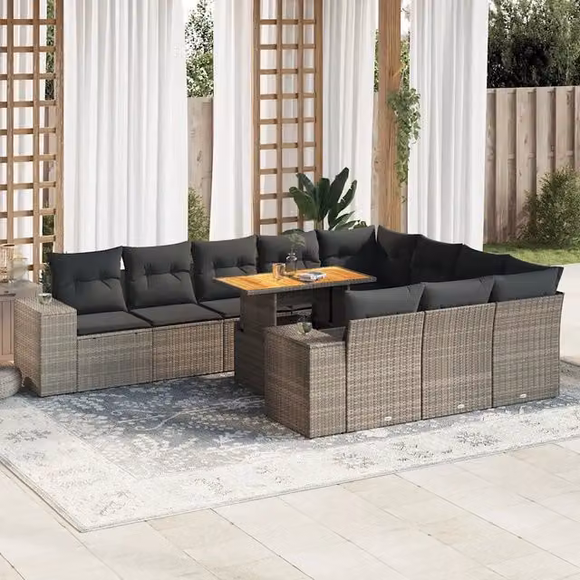 Set da giardino componibile a L vidaXL in polyrattan e legno di acacia con 10 pezzi e cuscini grigi – 1