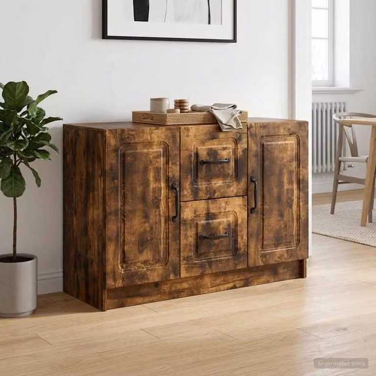 Credenza moderna vidaXL in legno ingegnerizzato e metallo, colore rovere fumo, L 89 x P 34,5 x H 57 cm