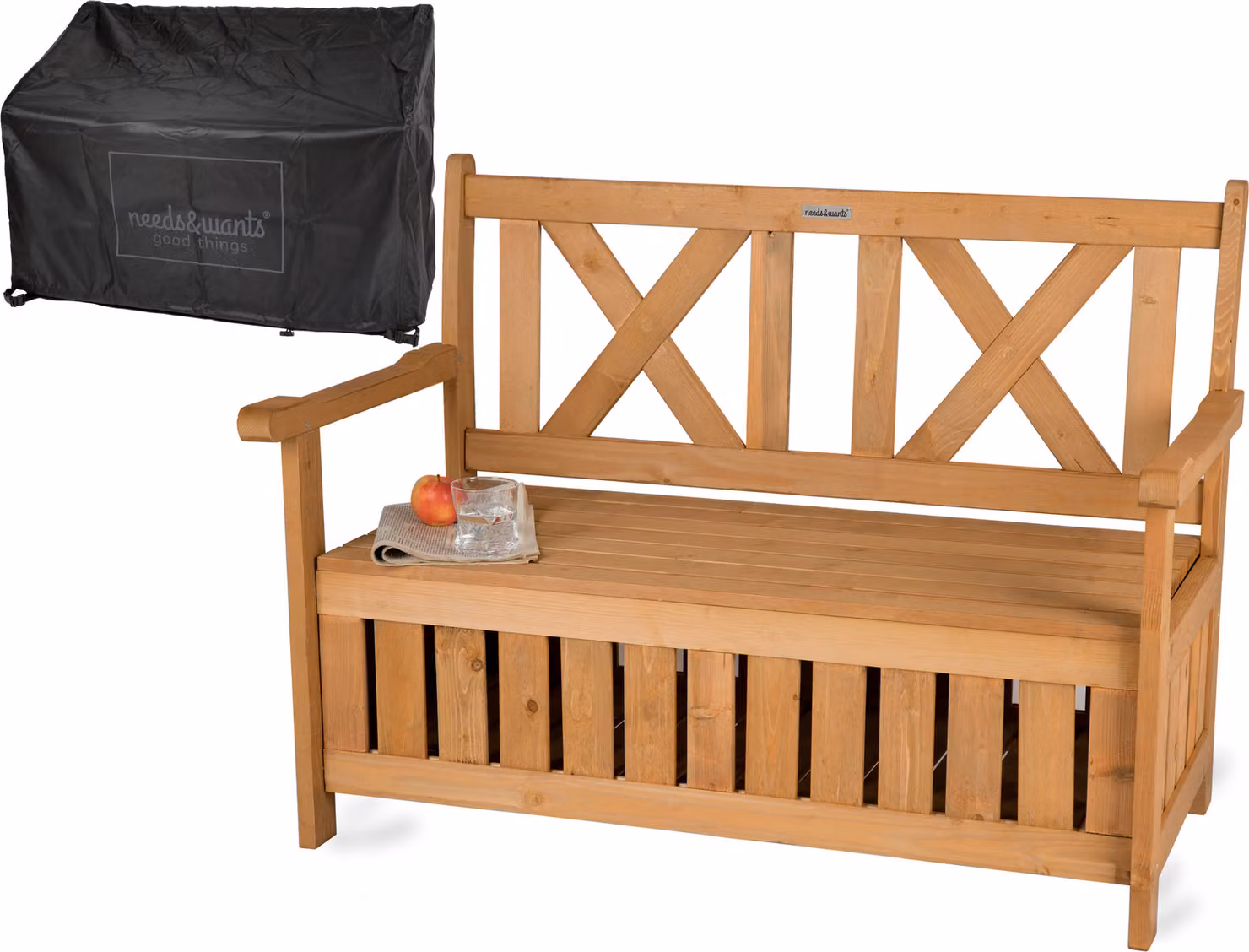 Panca da giardino in legno resistente alle intemperie, con spazio contenitore e copertura, modello a cassapanca per due persone, design classico. Panca da parco, panca da esterno in legno massello, con cassetto, dimensioni 115x58x85 cm, legno massello, co