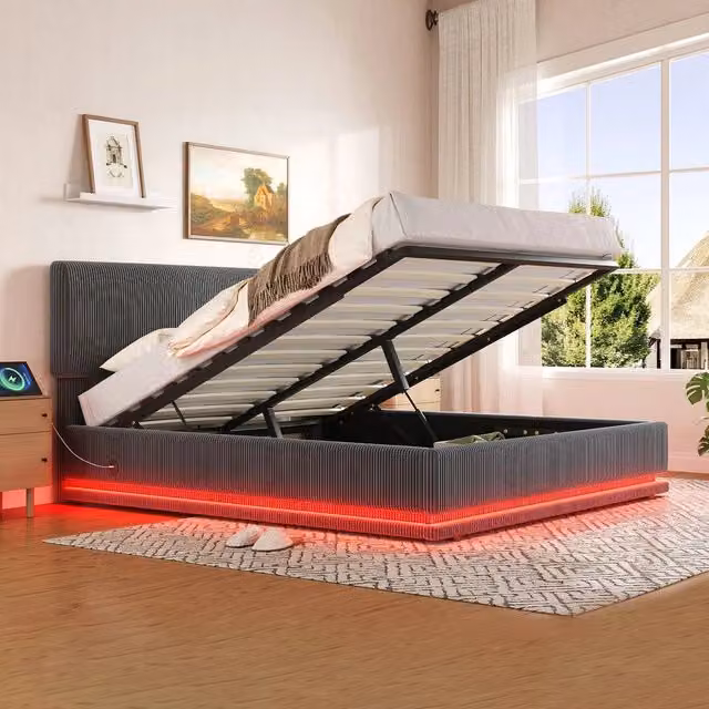 Letto Imbottito Contenitore con LED e Testiera Regolabile ¨C MINIMAL ¨C Velluto Grigio 160x200
