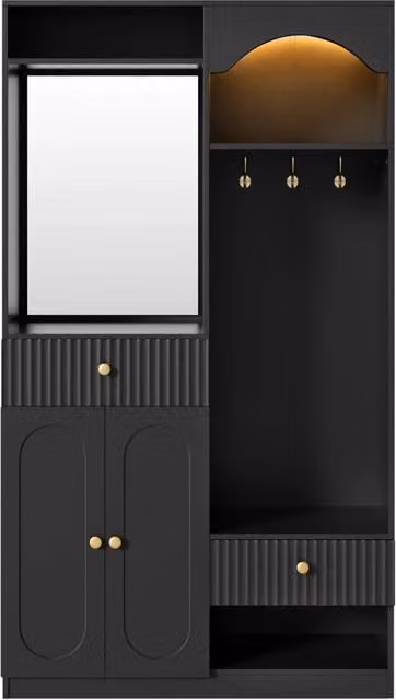 Guardaroba da ingresso moderno con panca, specchio, ganci e illuminazione LED multicolore, in MDF nero, L: 100 cm, P: 35 cm, H: 180 cm