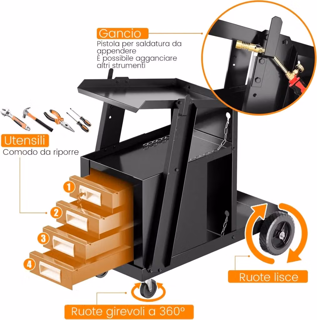 Carrello porta saldatrice Costway in metallo nero con 4 cassetti e ruote per trasporto bombola – 2