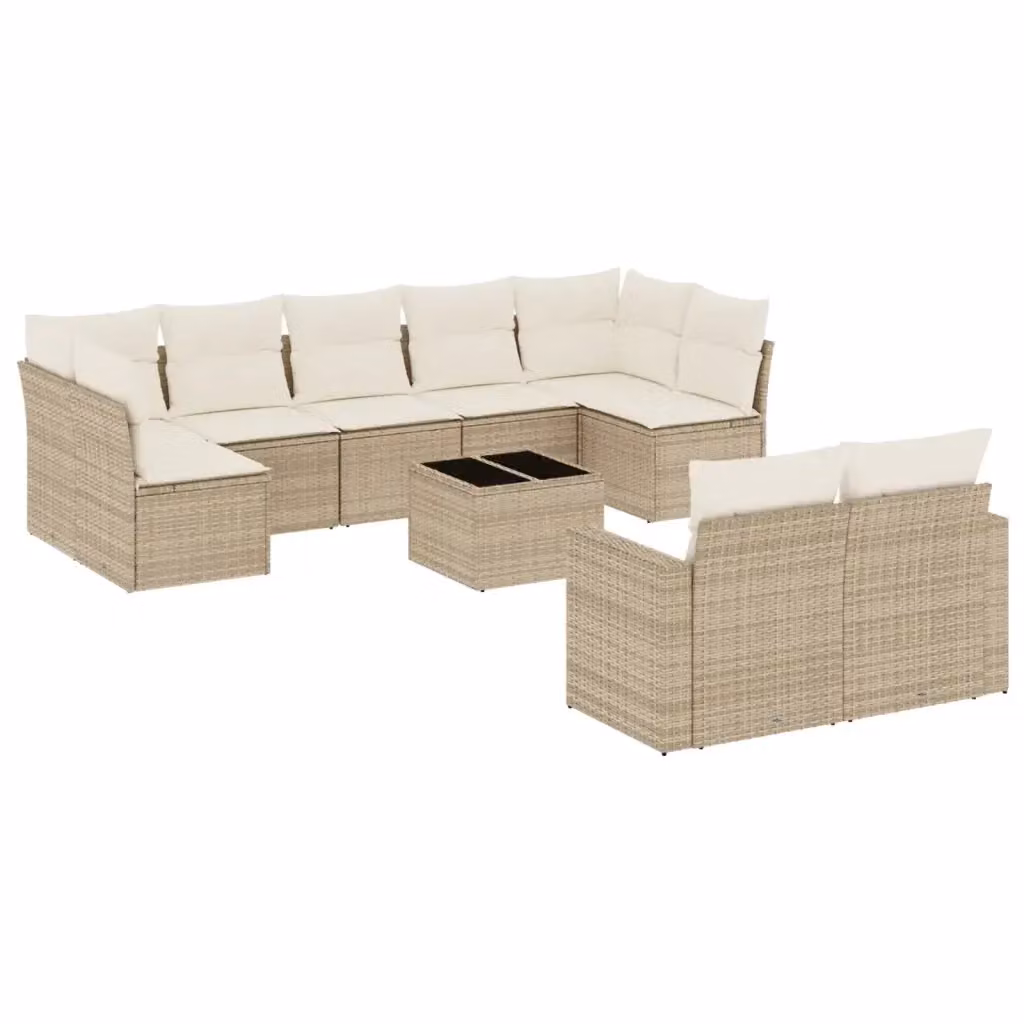 vidaXL Set Divano da Giardino 10 pz a forma di U con Cuscini Beige e Tavolino in Polyrattan e Metallo – 2