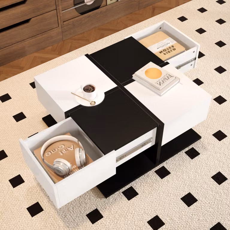 Tavolino Merax 70x70x35,5 cm con 2 cassetti, tavolino minimalista con spazio di archiviazione, tavolino con superficie lucida, bianco e nero
