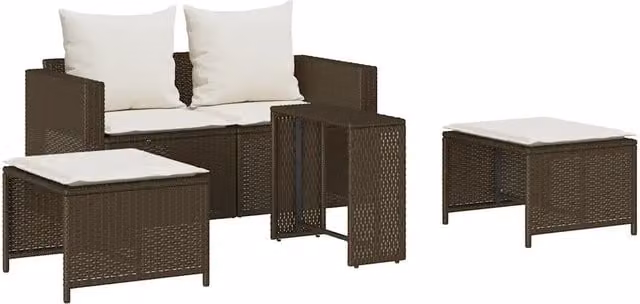 Set Divano da Giardino 5 pz | Set Salotto da Giardino con Cuscini Marrone in Polyrattan