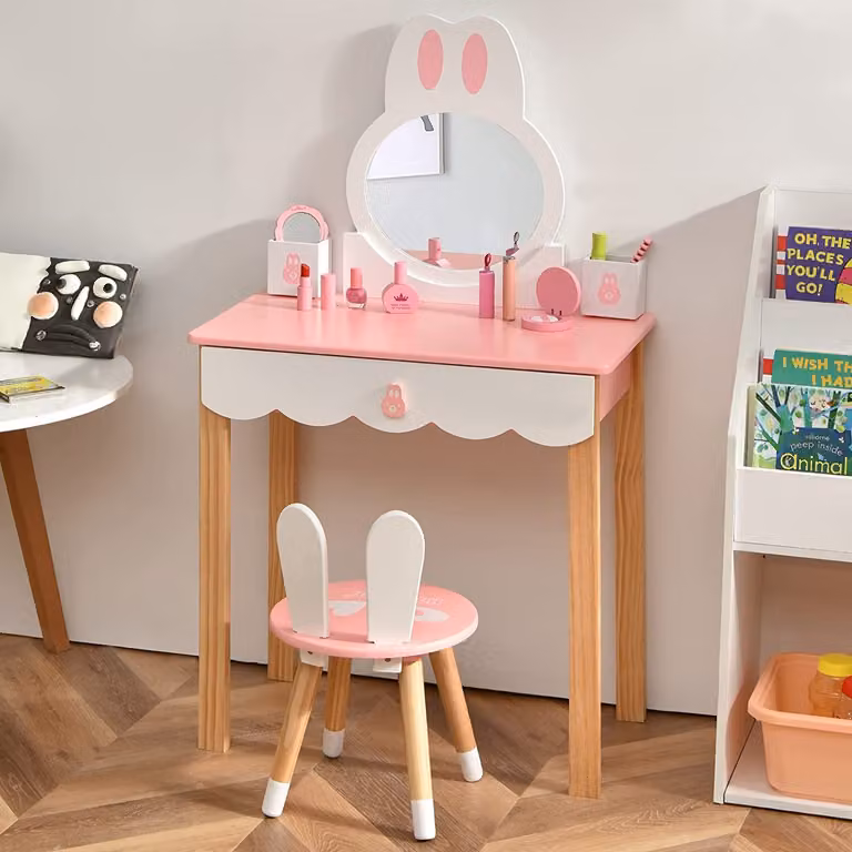 COSTWAY Tavolino da toilette per bambini con sgabello, tavolino da toilette per principesse con cassettiera a specchio e portaoggetti, tavolino da toilette per bambini e bambine