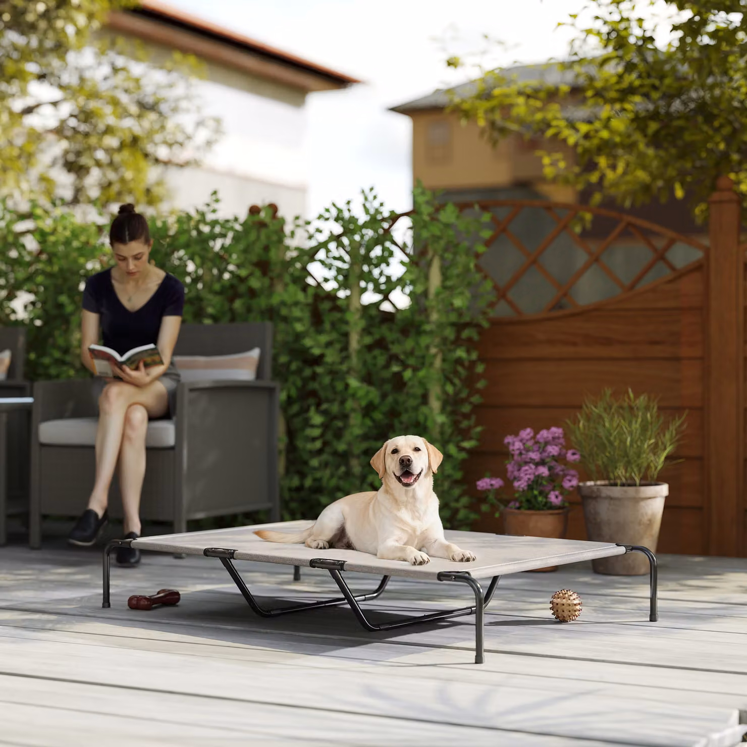 Lettino rialzato per cani grandi PawHut in acciaio e rete traspirante beige L: 152 cm, P: 94 cm, H: 23 cm – 2