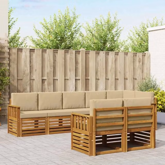 Set di divani da esterno a L vidaXL in legno di acacia con cuscini beige e marrone