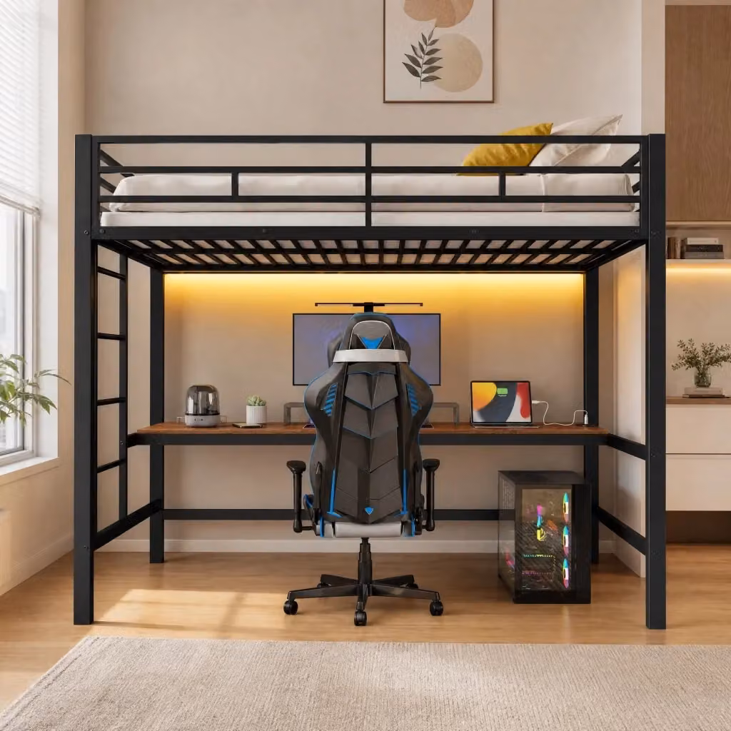 Letto a soppalco singolo MIVRAY con scrivania, luci LED e porte USB/Tipo-C, struttura in metallo e MDF nero opaco, L/P/H: 200 x 90 x 183 cm – 2