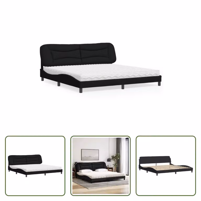 The Living Store Letto con materasso nero 200x200 cm in tessuto