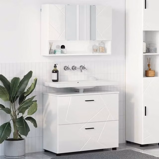 Set di mobili per il bagno vidaXL composto da mobile lavabo e armadietto con specchio, Bianco Lucido, L: 76,5 cm, P: 35 cm, H: 64 cm