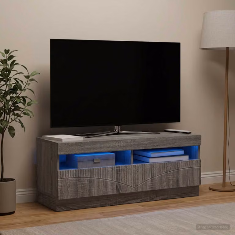 Mobile TV LED vidaXL in legno ingegnerizzato color grigio Sonoma con illuminazione integrata e scomparti multimediali L: 100 cm, P: 35 cm, H: 40 cm