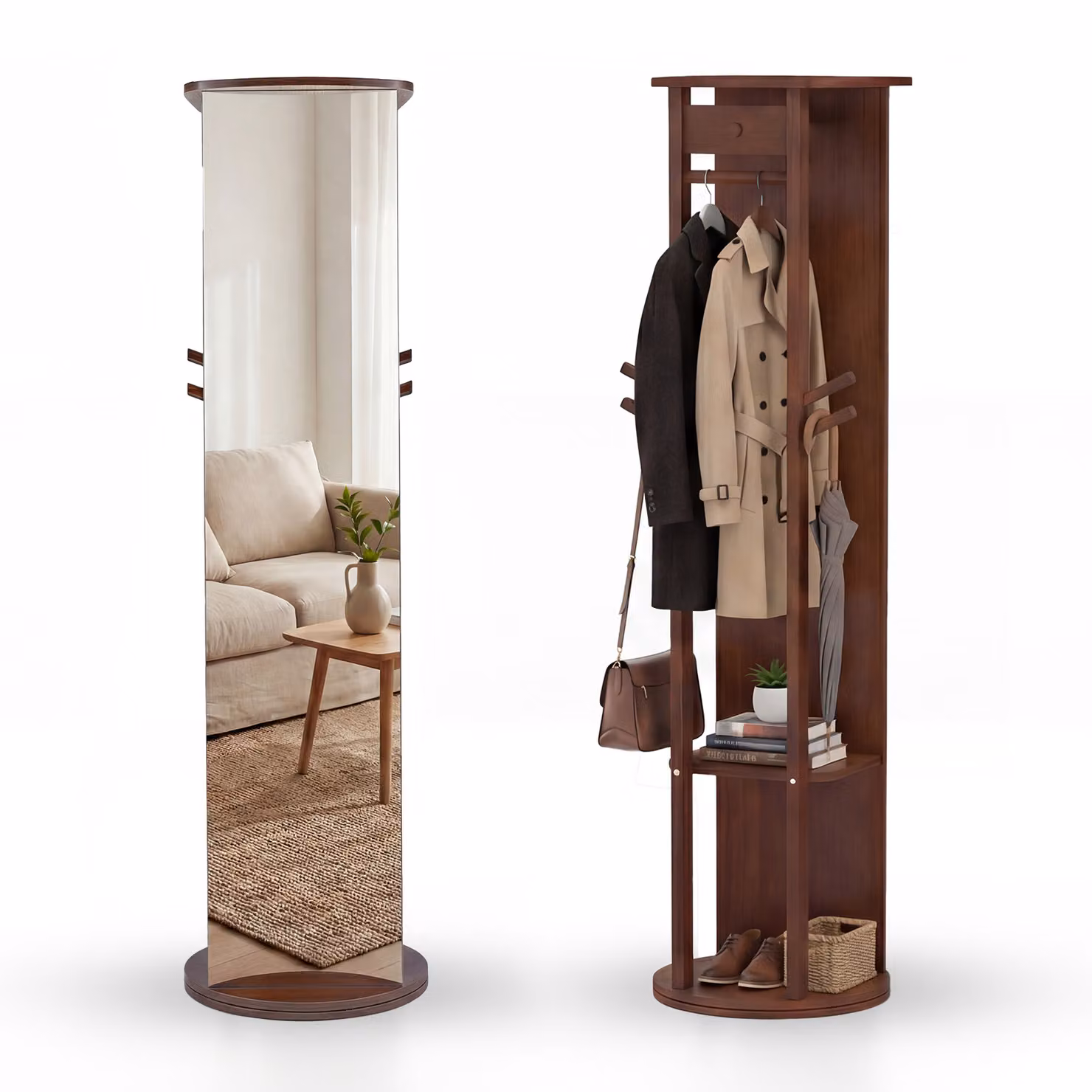 Costway Appendiabiti Girevole a 360 con Specchio Intero e Ripiani, Mobile da Ingresso e Camera da Letto in Legno Marrone, L: 34 cm, H: 163 cm