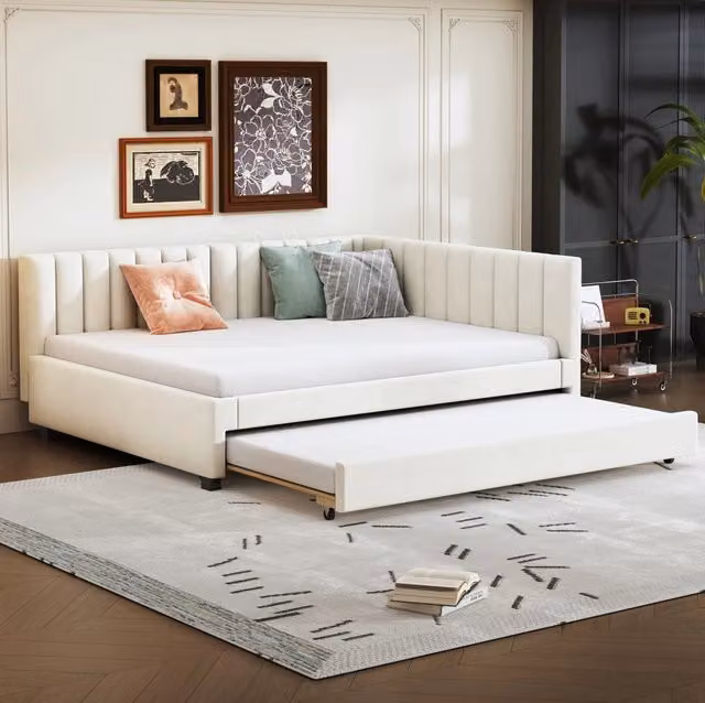 Letto imbottito con letto estraibile 140x200 cm; in velluto beige; con rete a doghe