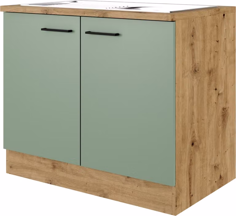Mobile da cucina con lavello e piano di lavoro Flex Well Cara LxHxP 100 x 60 x 85 cm colore frontale verde opaco colore corpo rovere chiaro
