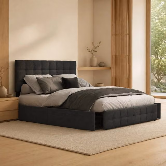 Letto imbottito nero con 4 cassetti e testiera regolabile, 140x200 cm, struttura in lino con doghe in metallo
