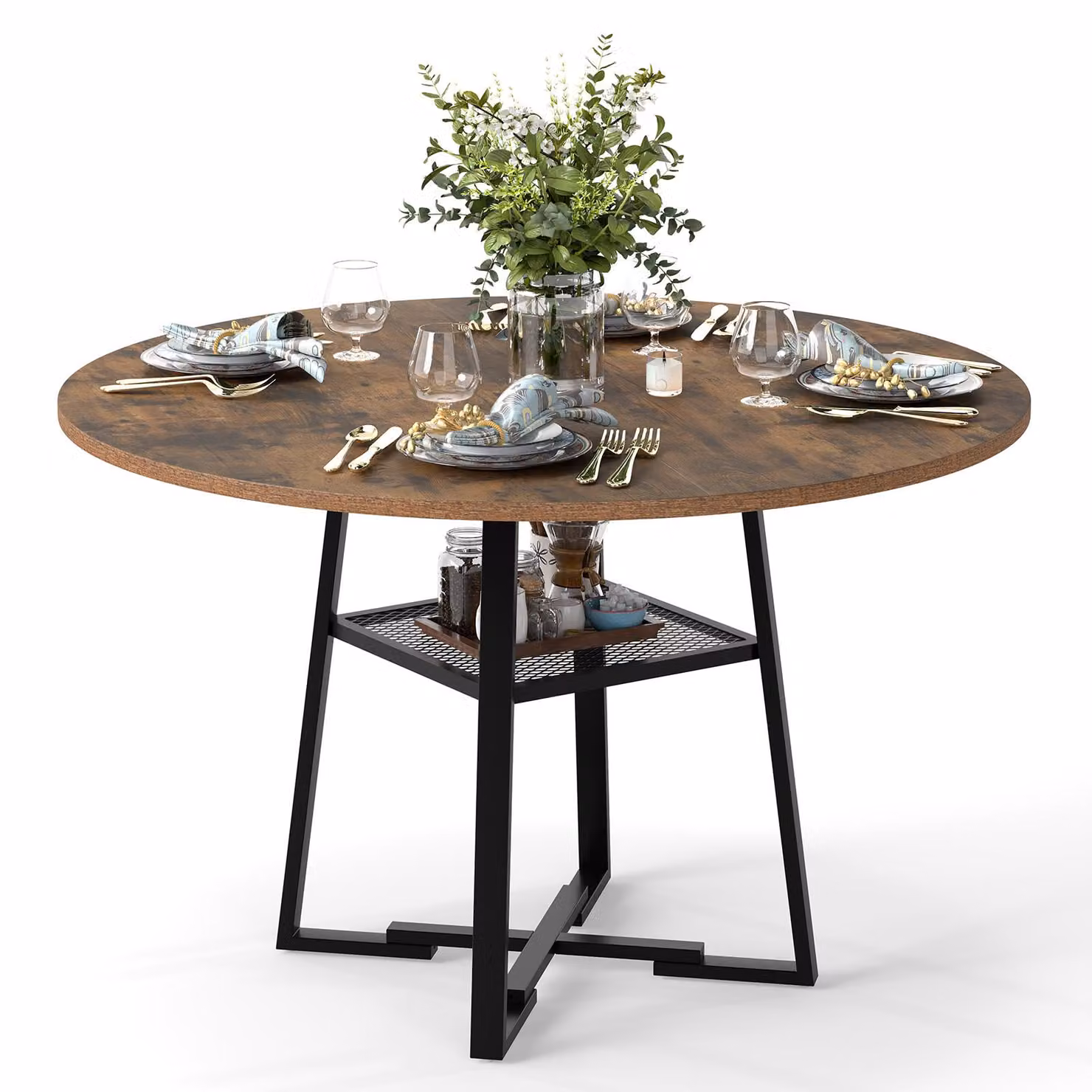 COSTWAY Tavolo da pranzo, tavolo da cucina rotondo da 120 cm per 4 persone, tavolo da pranzo con ripiano aperto, per sala da pranzo e cucina