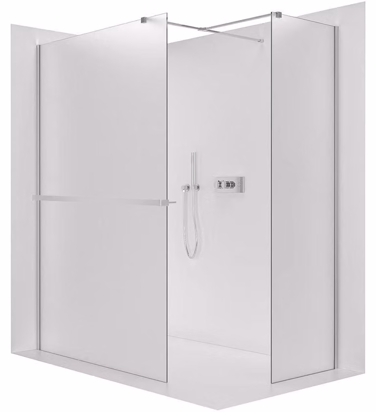 Pannello doccia angolare Walk-in Onyx T, destro/sinistro - 8 mm - profilo quadrato + ripiano/portasciugamani - cromo, vetro opaco - 110x110x200 cm