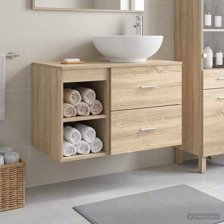 Set di mobili per il bagno moderno vidaXL composto da mobile lavabo e mobile contenitore in legno marrone, L/P/H: 80,0 x 35,25 x 49,5 cm e 44,5 x 35,25 x 76,7 cm