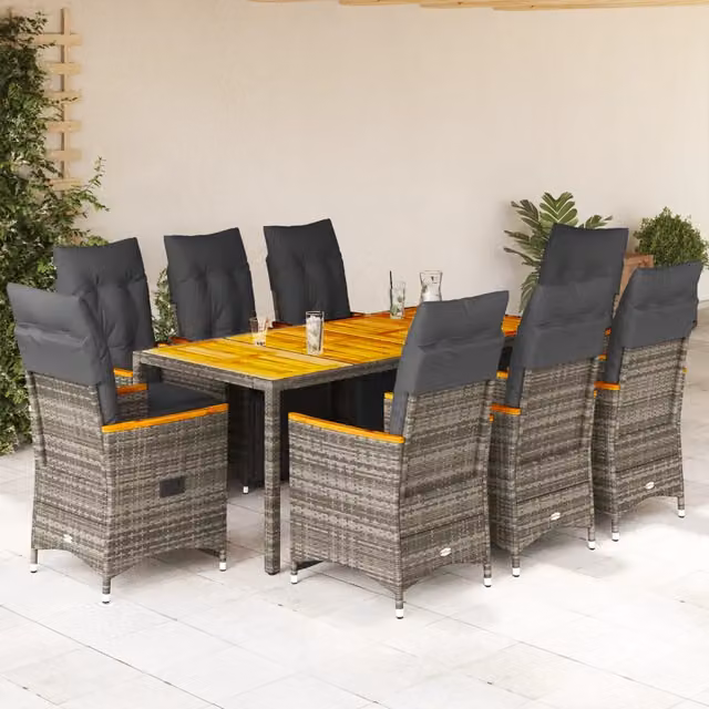 Set da giardino moderno vidaXL in legno di acacia oliato e polyrattan grigio, composto da 9 pezzi per terrazzo o balcone