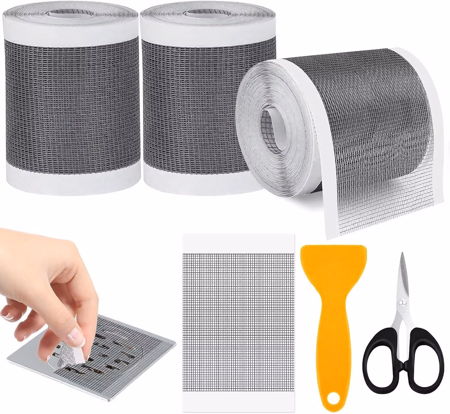 Set di filtri anticalcare per scarichi - Set da 3 - 10 cm x 4 m. Filtri per capelli da applicare agli scarichi - Retine adesive per filtri per capelli per doccia, con spatola e piccole forbici