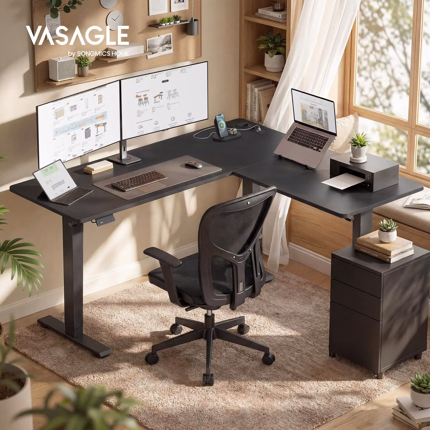 Scrivania regolabile in altezza VASAGLE, 160 cm, a L, scrivania angolare, 2 prese CA, 2 porte USB-A, ripiano per ciabatta elettrica