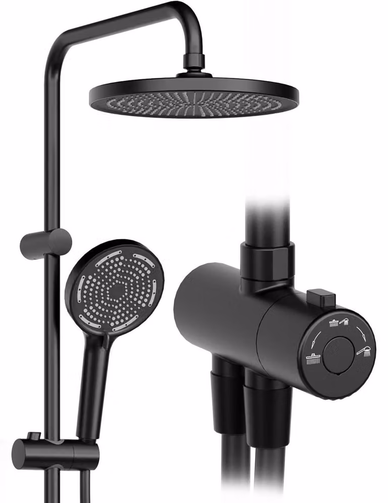 Sistema doccia senza miscelatore, doccia a pioggia con soffione, colonna doccia in acciaio inossidabile, diametro 25 cm, colore nero