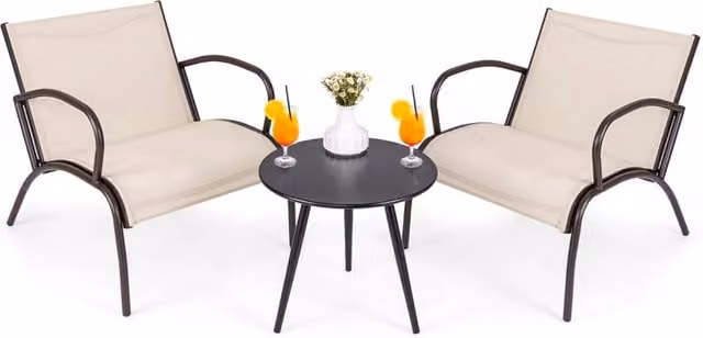 Set di sedie con braccioli e tavolino in alluminio metallico con seduta curvata in tessuto, Set di poltrone da esterno a 3 pezzi Marrone