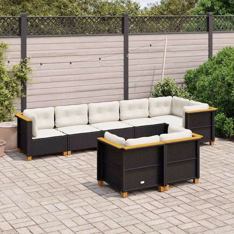 vidaXL Set Divani da Giardino a L in Polyrattan con Cuscini, 8 Pezzi, Nero e Bianco