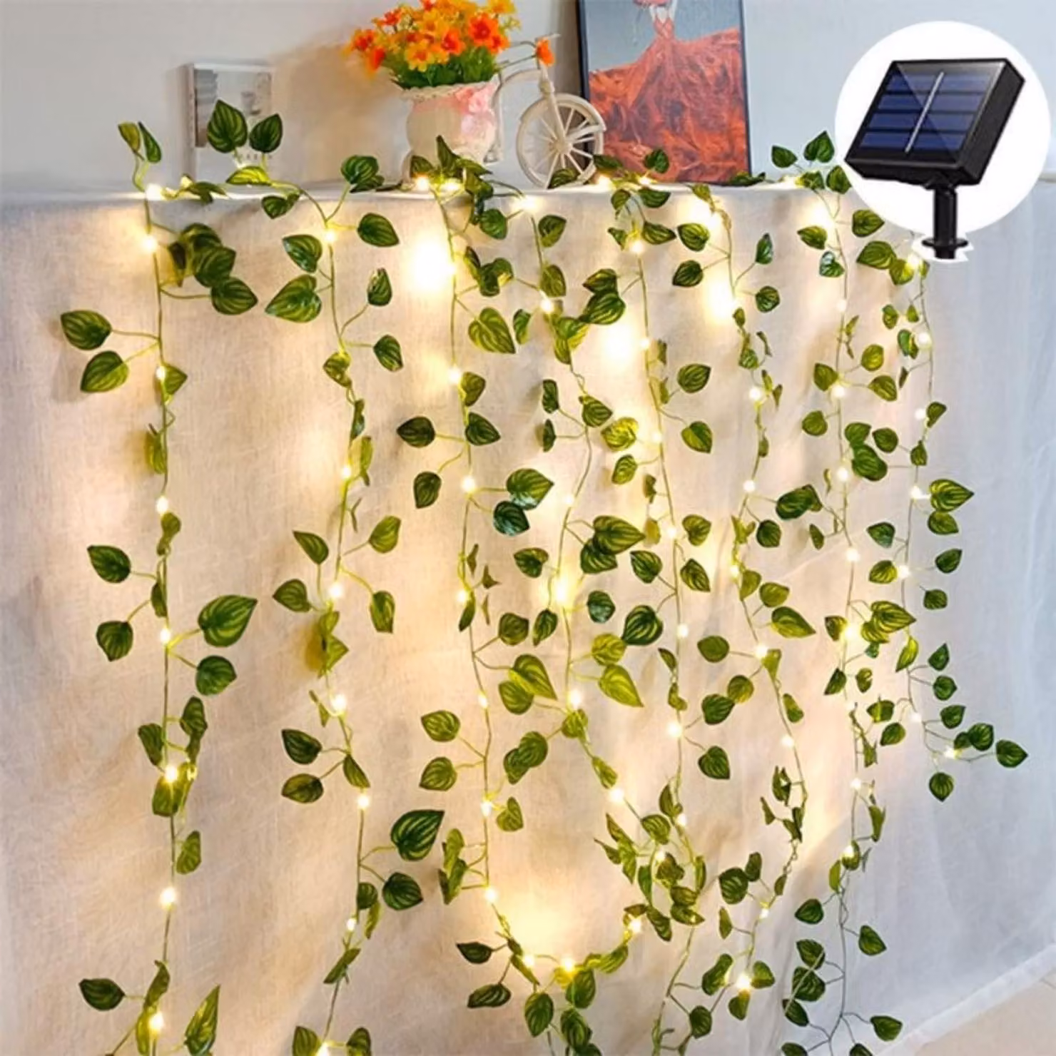 Catena luminosa solare con decorazioni a forma di edera, 50 LED, 5 metri di lunghezza, impermeabile, adatta per interni ed esterni