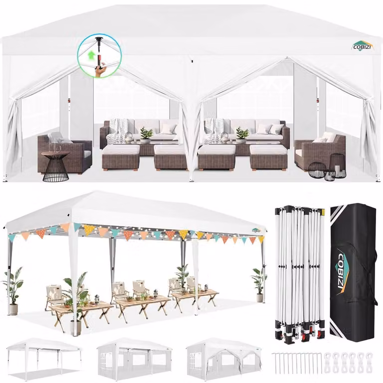 Gazebo da esterno 3x6 metri, colore bianco, con 6 pannelli laterali, impermeabile, con protezione UV e altezza regolabile