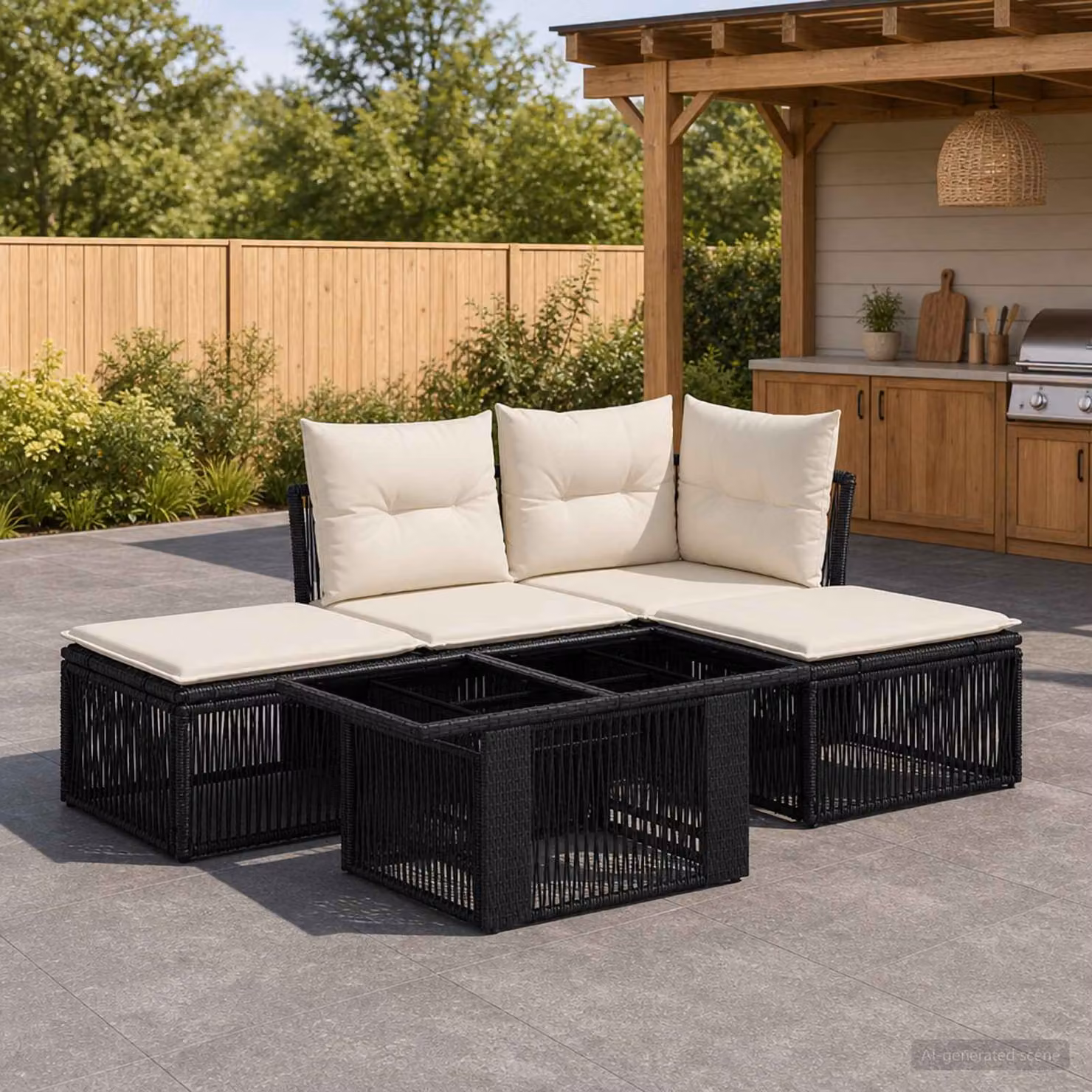 Set Divano da Giardino vidaXL 5 Pezzi a Forma di L in Polyrattan Nero con Tavolino e Ottoman