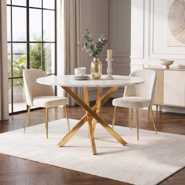 Tavolo da pranzo rotondo ?80 cm con piano effetto marmo in MDF; bianco e oro