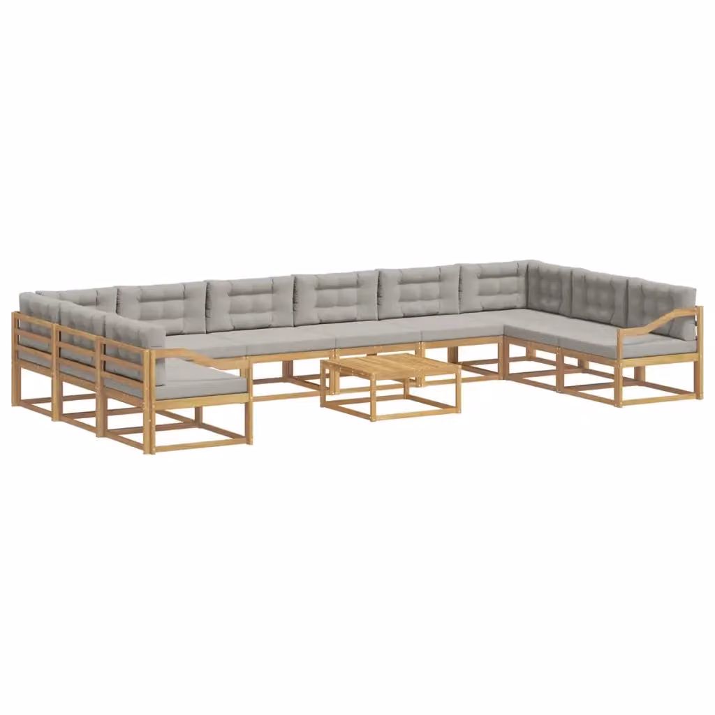 Set di divani da esterno a L vidaXL in legno di acacia con tavolo da caffè, 11 pezzi, Bianco e Grigio – 2