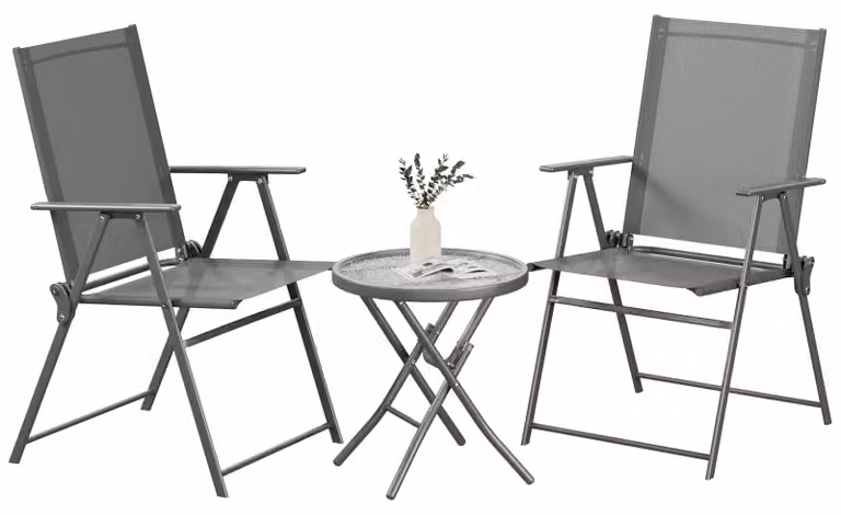Set di mobili da giardino pieghevoli - Set per balcone con tavolo - 2 sedie pieghevoli - Tavolo con piano in vetro temperato - Design ergonomico - Ideale per balcone, terrazza e giardino - Colore: grigio