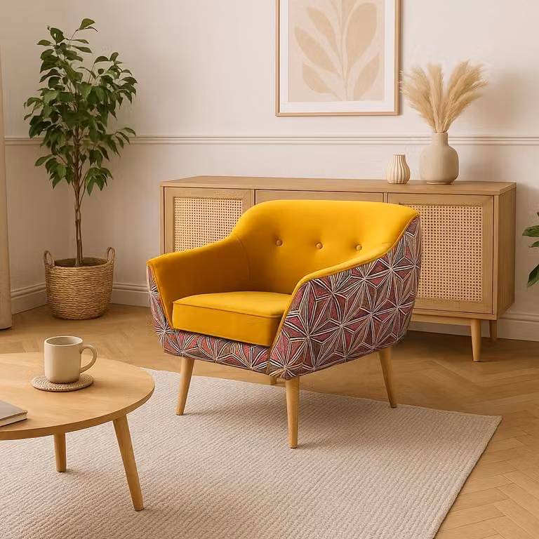 Poltrona GUTTO Giallo con motivo grafico MUSTI Poltrona TV reclinabile in velluto Giallo con motivo grafico Poltrona imbottita scandinava Gambe in legno Gambe alte