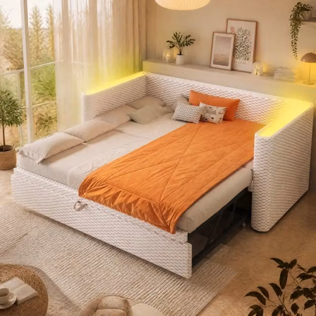 Divano letto multifunzione estraibile 90x200 cm trasformabile in 180x200 cm con LED; velluto beige
