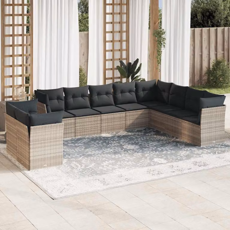 Set Divano da Giardino vidaXL 10 pz in Polyrattan Grigio con Cuscini e Coperture Rimovibili