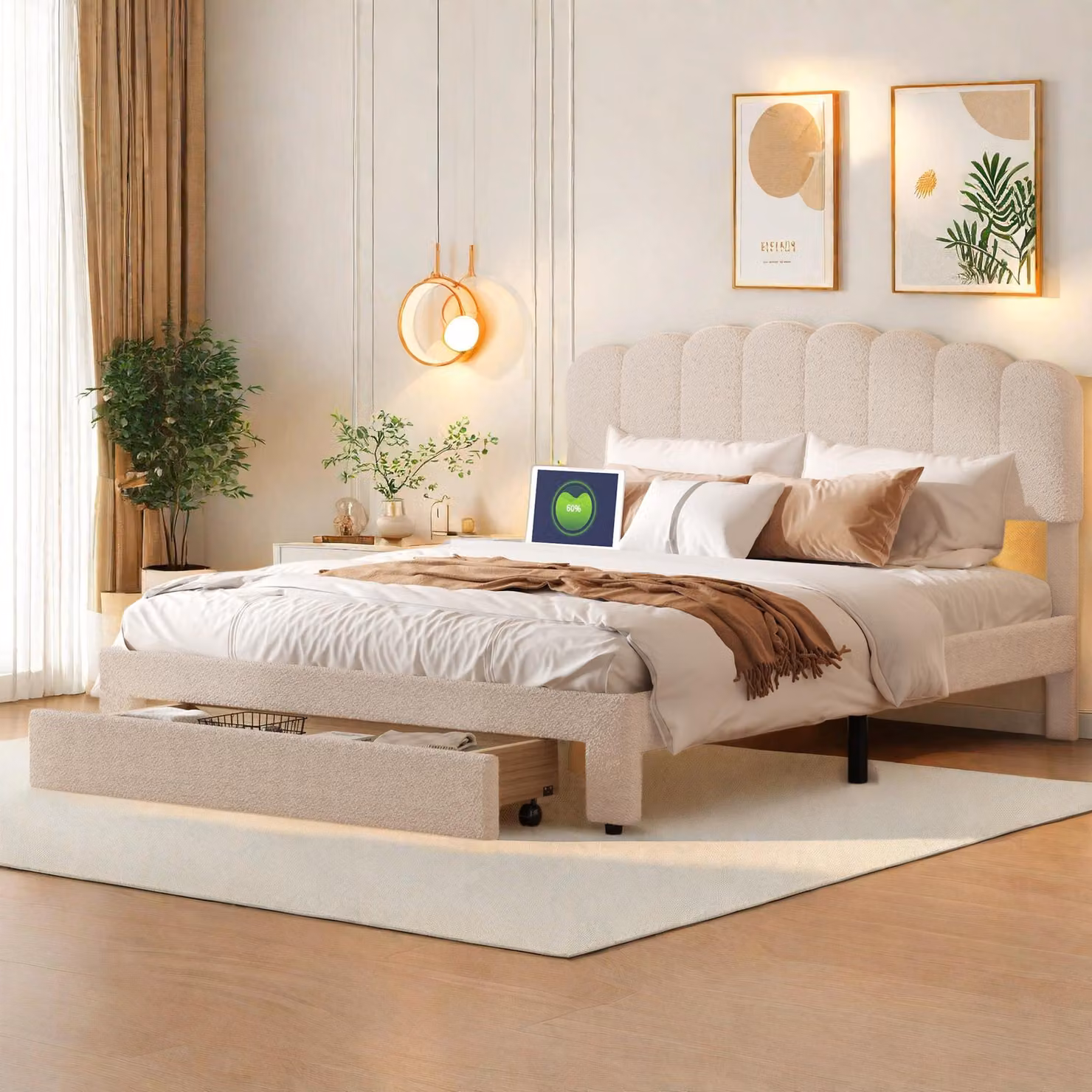 Letto imbottito 160x200 cm, matrimoniale, con spazio contenitore e rete a listelli, poggiatesta regolabile con funzione di ricarica USB-C, rivestito in velluto beige effetto teddy, senza materasso