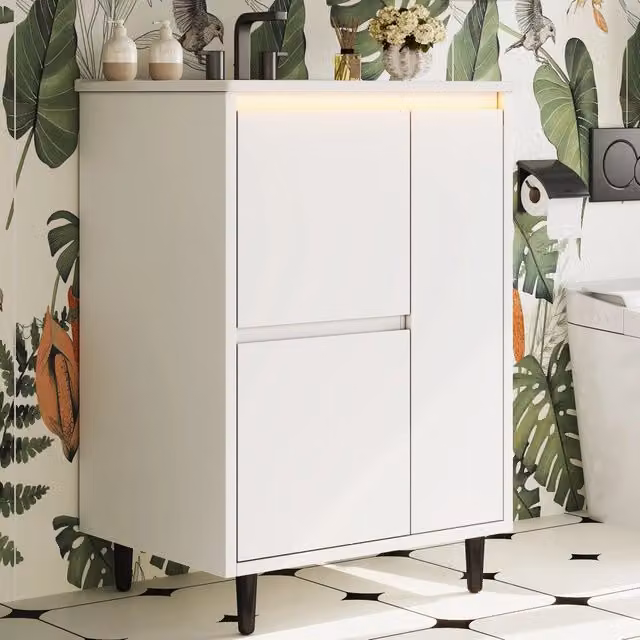 Mobile lavabo freestanding WISHDOR con doppio cassetto e ante soft-close, finitura laccata bianca, L: 61 cm, P: 46,5 cm, H: 87 cm