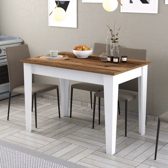 Tavolo da pranzo fisso Zane DMORA per 6 persone, design moderno, L: 120 cm, P: 72 cm, H: 75 cm, Bianco e Marrone – 1