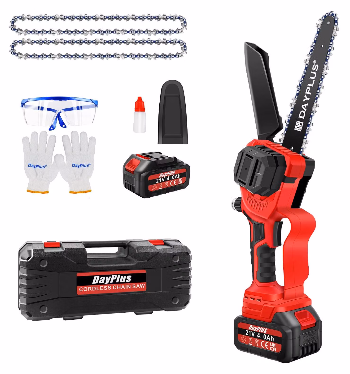 Troncatrice a batteria - Mini motosega da 20 cm - Motore brushless - Batteria da 4,0 Ah e caricabatterie inclusi - 2 catene - Modello portatile per giardinaggio e potatura di rami