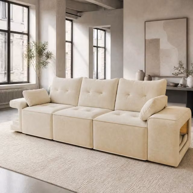 Divano Modulare L Shape REDOM in Velluto Beige con Contenitore e Cuscini L/P/H: 229,5 x 78 x 84 cm