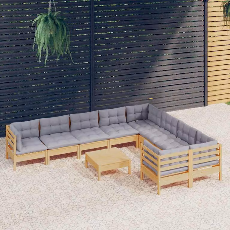 vidaXL Set Divani da Giardino 10 Pezzi in Legno di Pino Massello con Cuscini Grigi Moderni a Forma di L