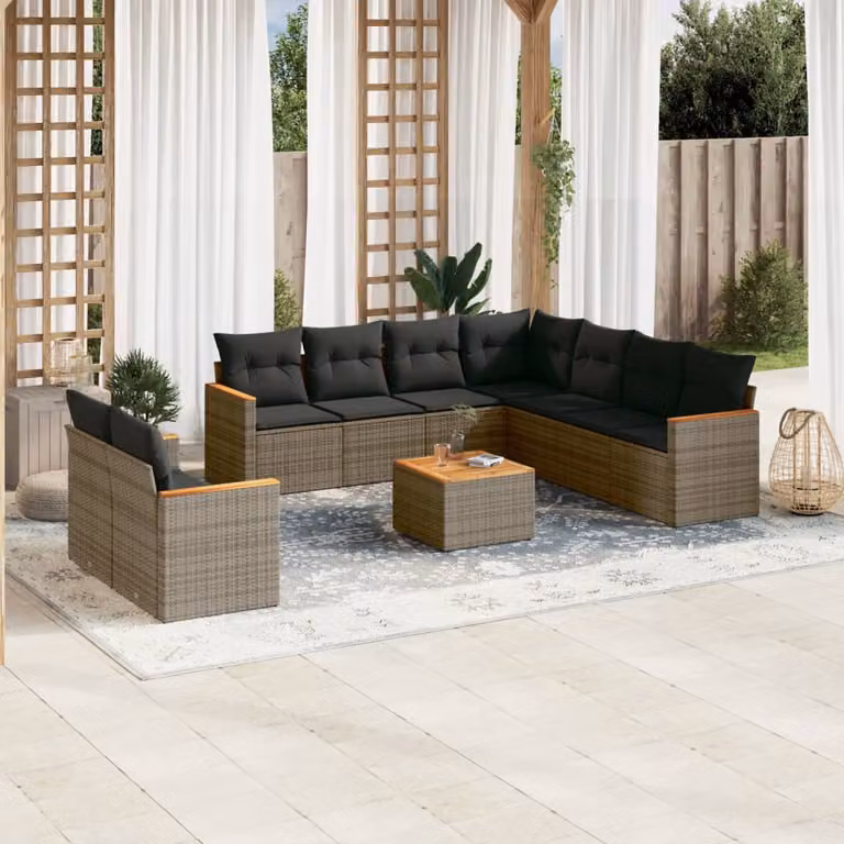 vidaXL Set Divano da Giardino 10 pz in Polyrattan Grigio con Cuscini e Tavolino da Caffè